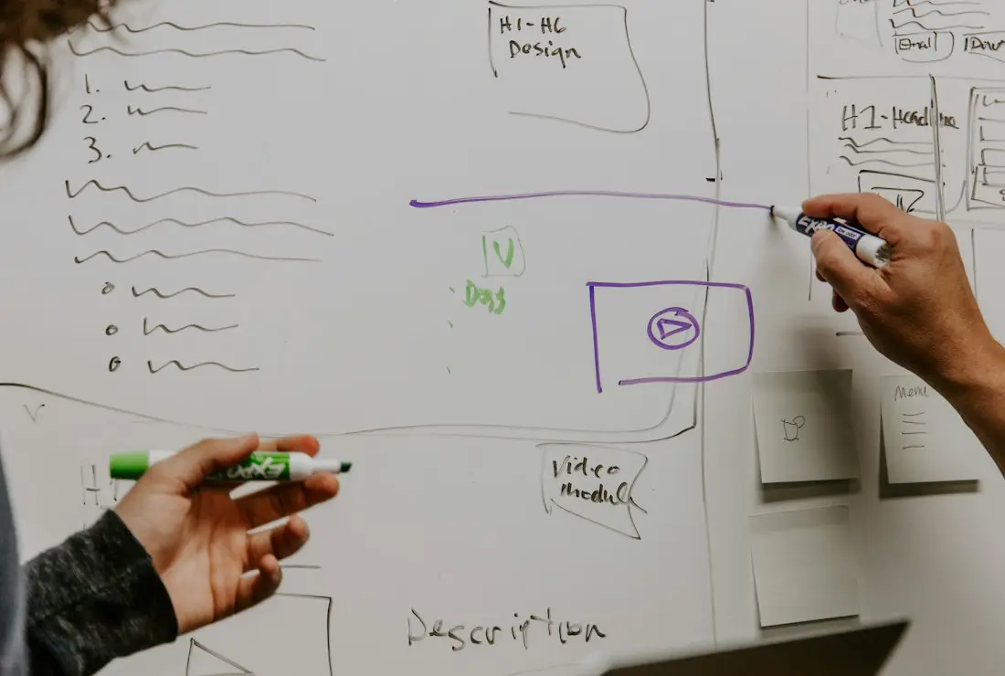 Two people mapping ideas on a whiteboard