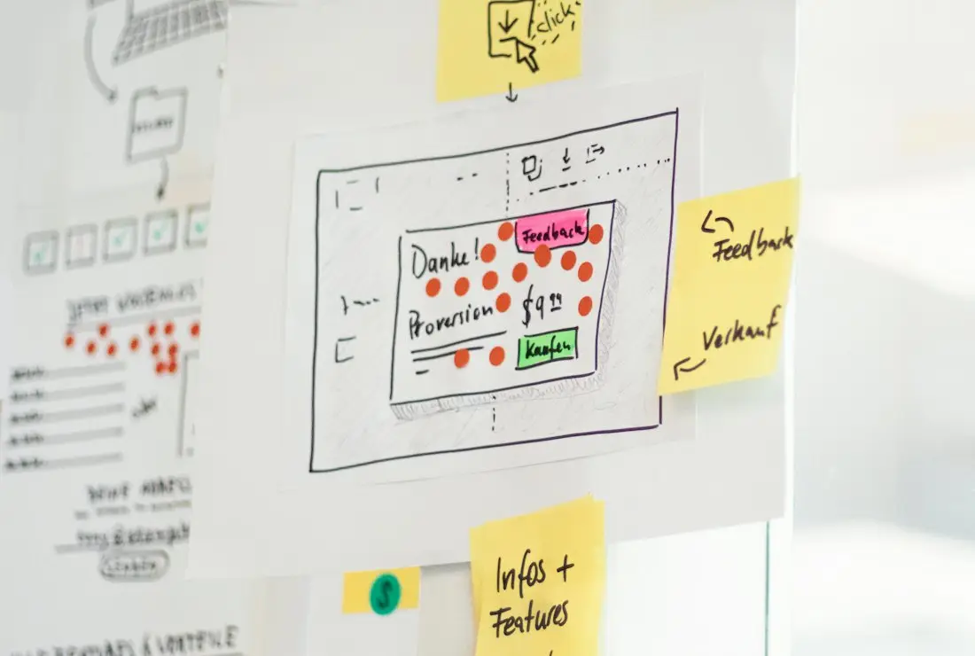 Wireframes and sticky notes on a glass wall