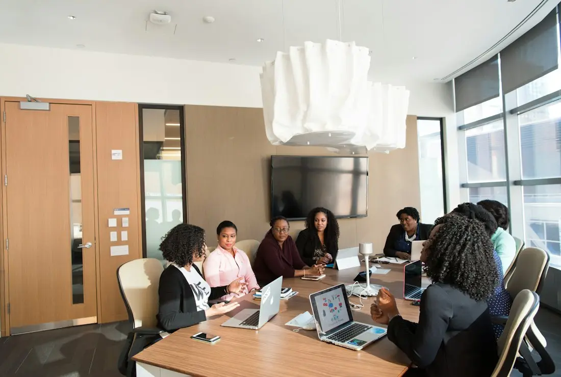 A bright meeting room during a working session