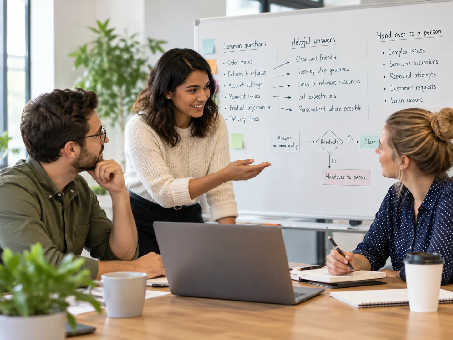 A customer service team planning helpful answers together