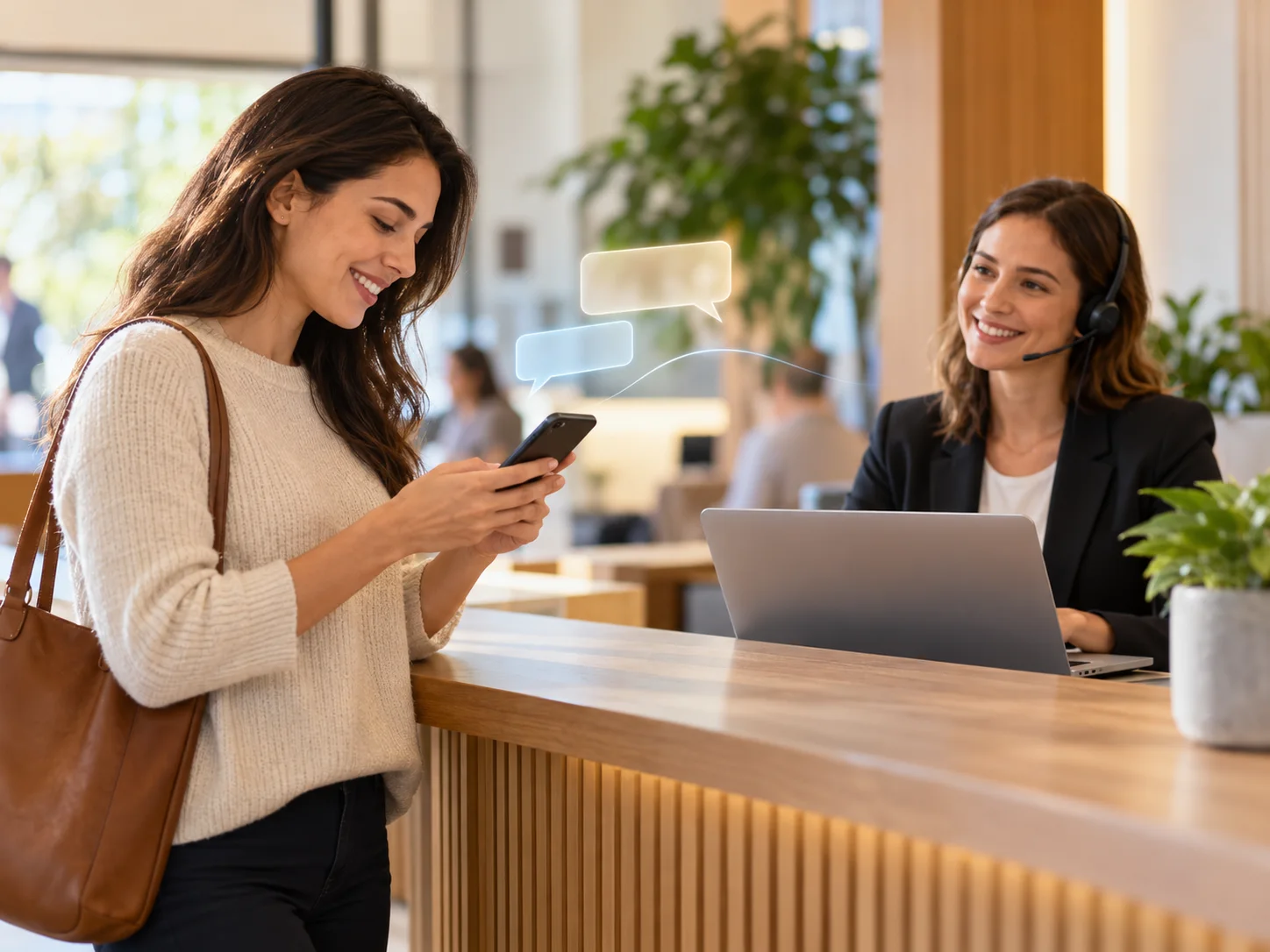 A customer receiving quick help with a human support specialist nearby