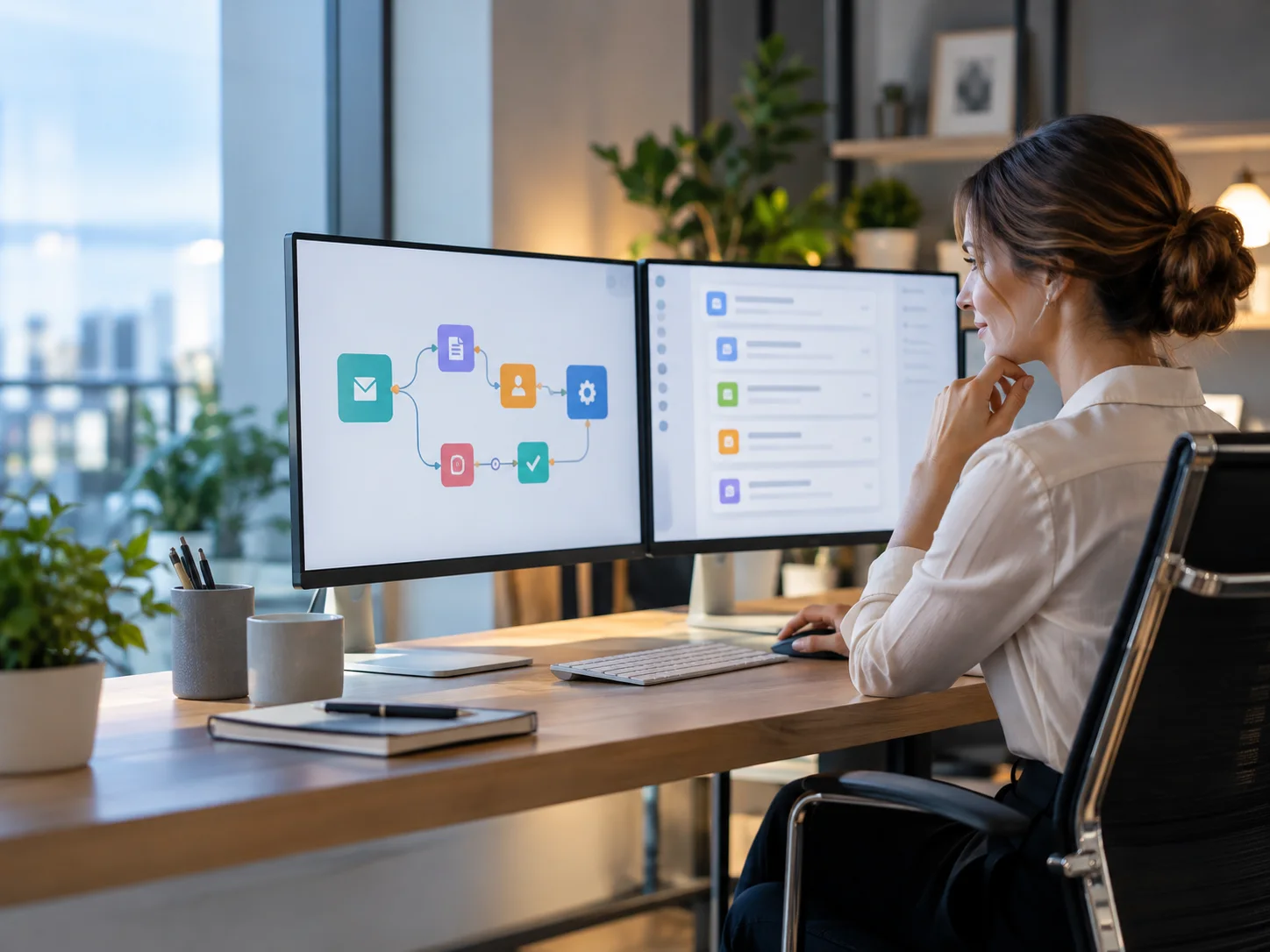 A professional reviewing a connected automated business workflow