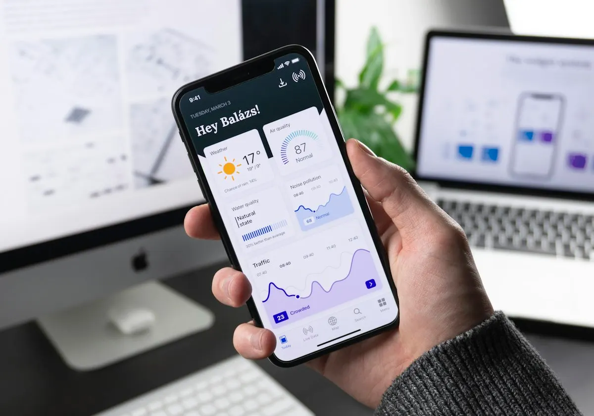 Mobile app dashboard displayed on a phone beside desktop screens