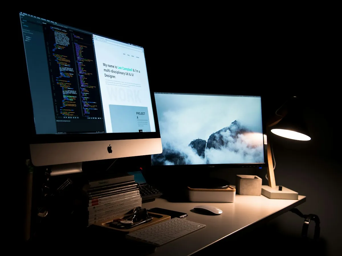Website development and a live page displayed on desktop monitors