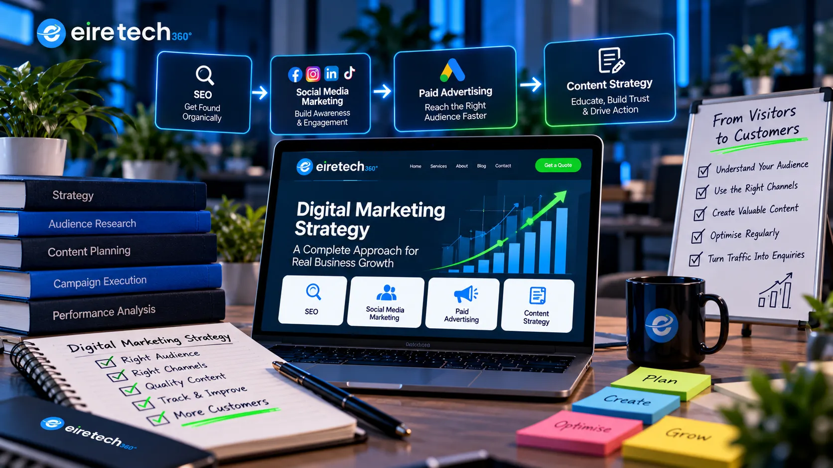 EireTech360 illustration showing how SEO, social media marketing, paid advertising and content strategy work together to attract relevant website visitors, increase enquiries and support business growth.