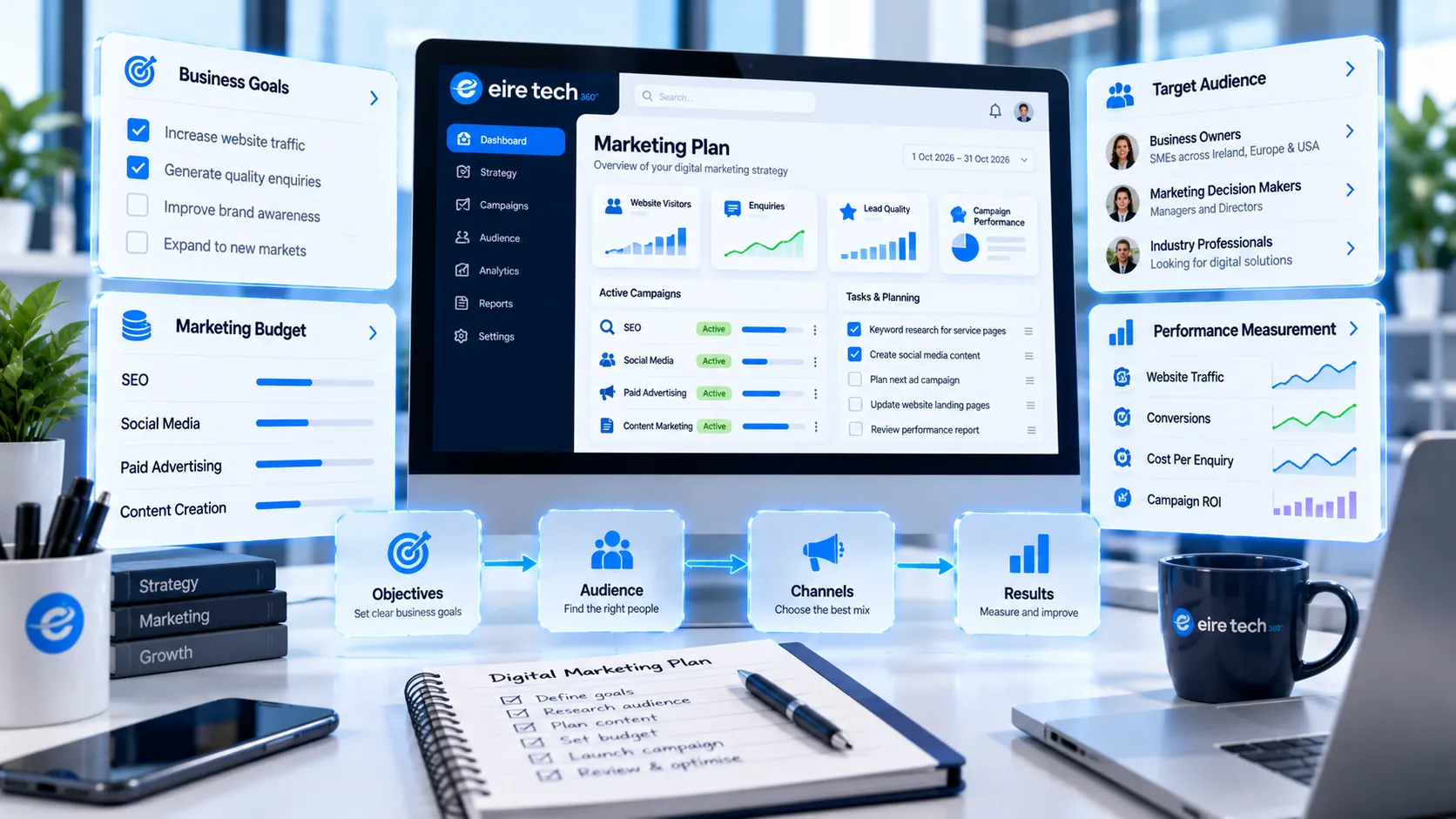 Premium 3D EireTech360 digital marketing strategy illustration showing business objectives, marketing budget allocation, target audience selection, campaign planning and performance measurement in a connected professional dashboard.