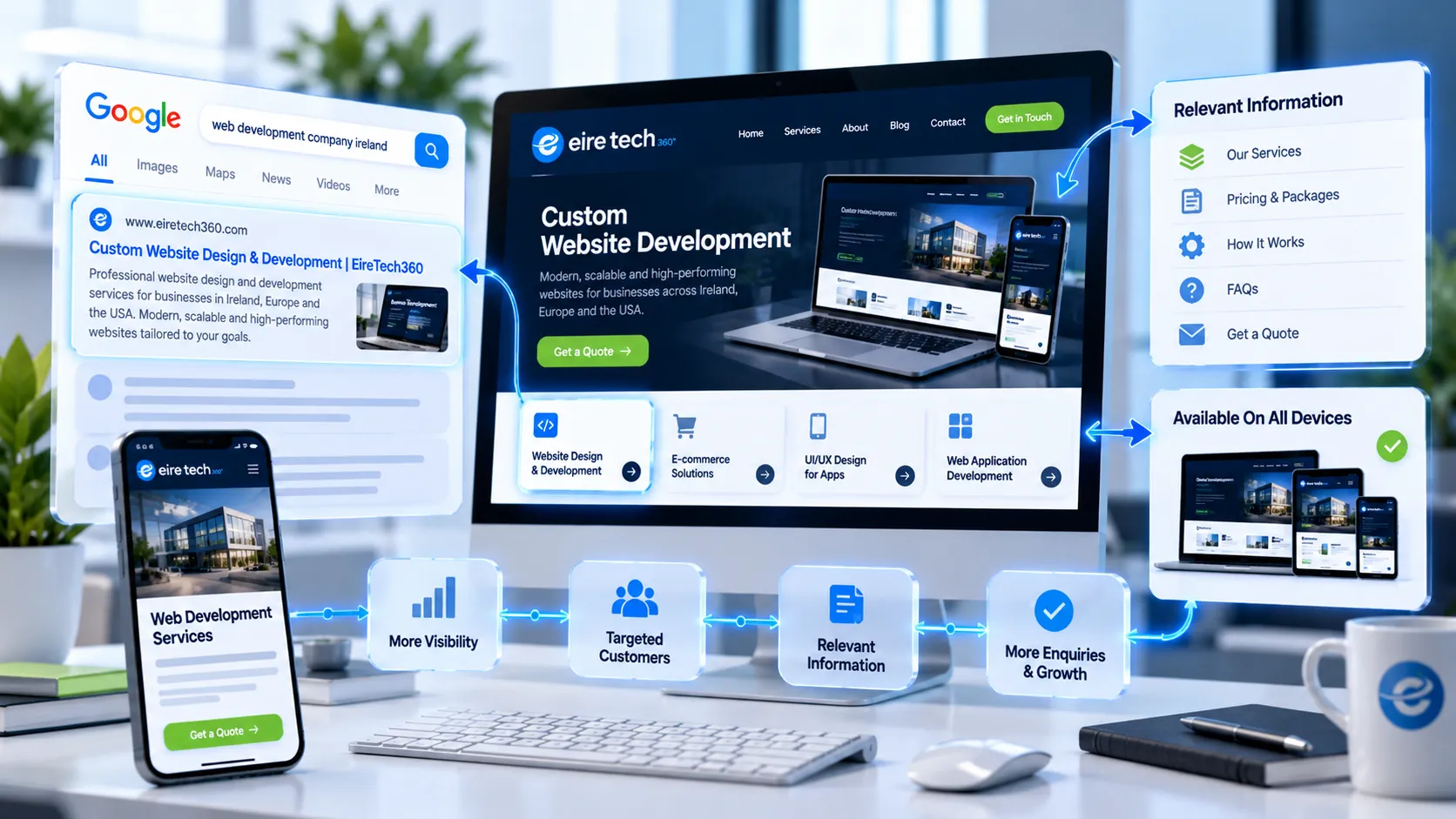 Premium 3D EireTech360 SEO illustration showing how Google search connects potential customers with relevant web development services, responsive websites, useful information and business enquiries.