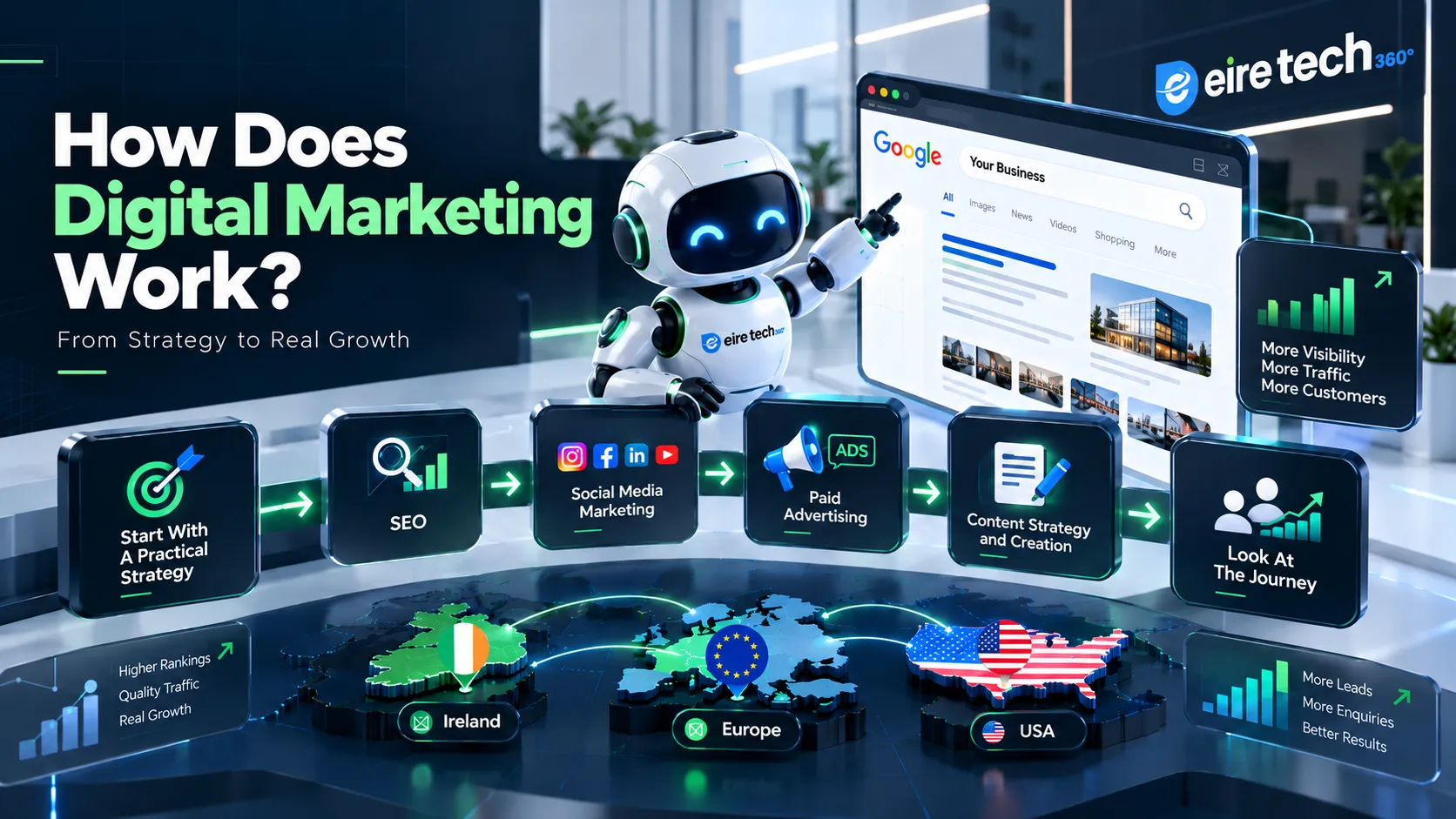 Premium 3D EireTech360 digital marketing illustration showing SEO, social media marketing, paid advertising, content strategy and customer growth across Ireland, Europe and the USA.