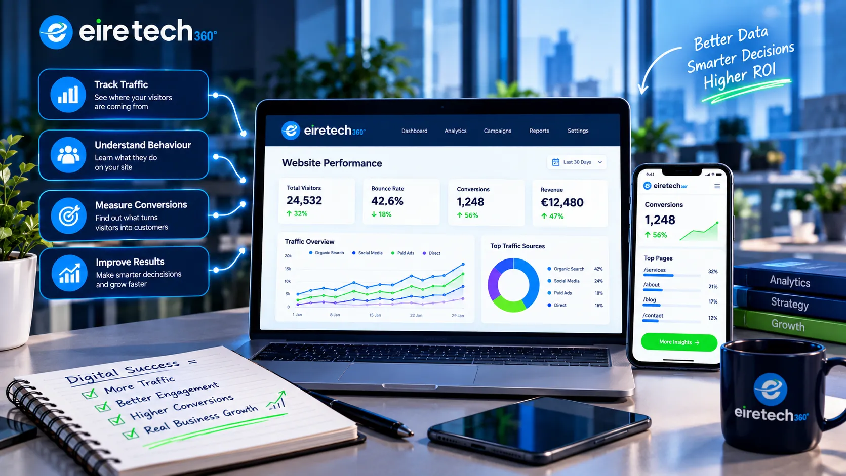 EireTech360 illustration showing website performance analytics, visitor behaviour, conversion tracking and practical improvements that help businesses turn website traffic into customers.