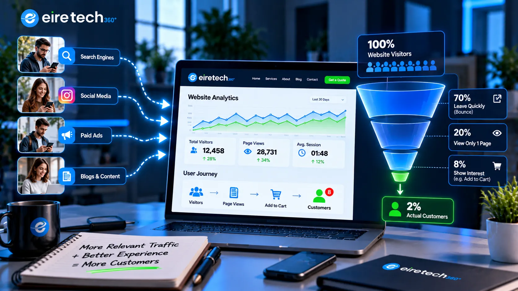 EireTech360 illustration showing website analytics, traffic sources, visitor behaviour and a conversion funnel explaining how website visitors become potential customers.