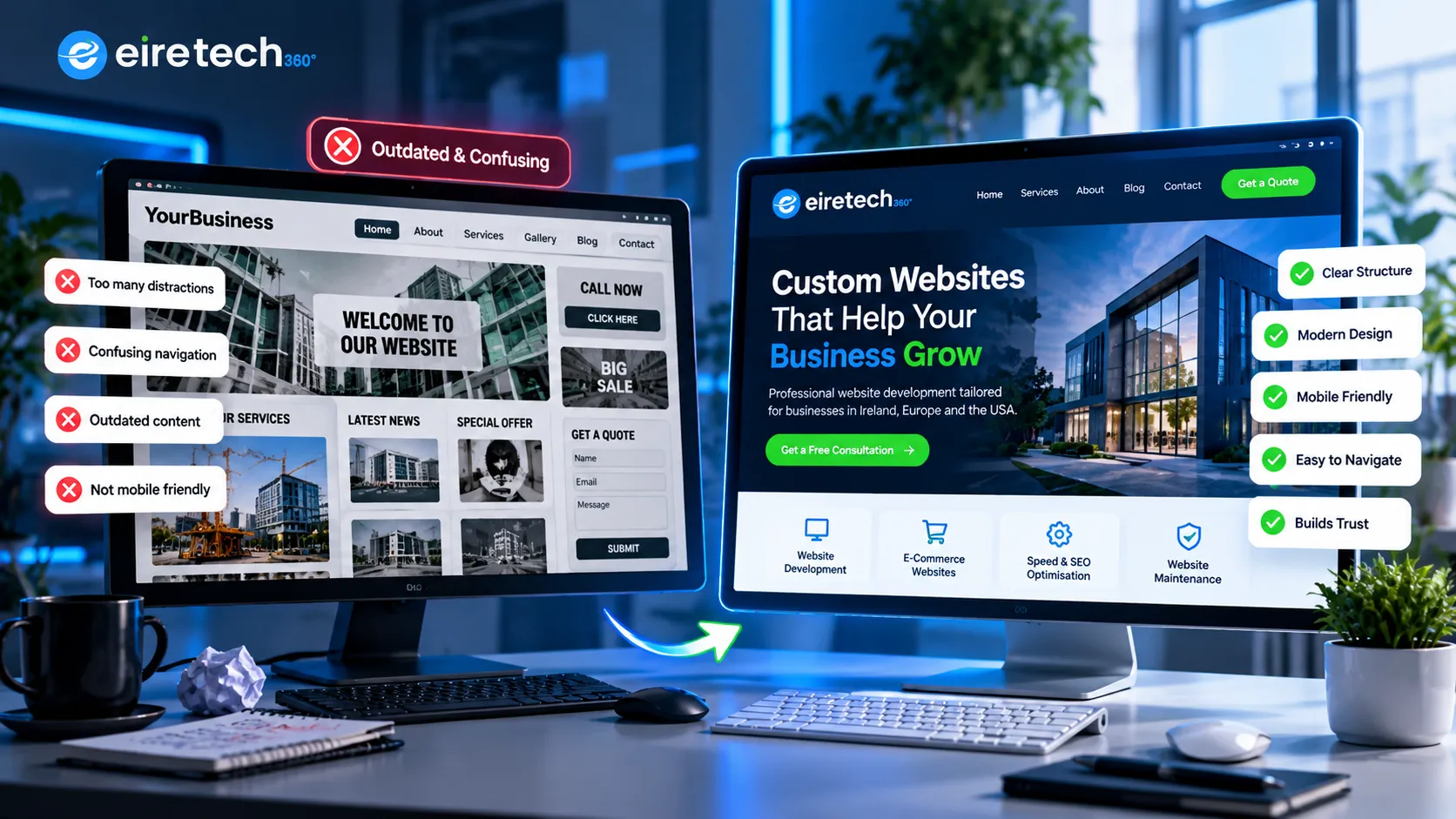 EireTech360 illustration comparing an outdated, confusing website with a modern, mobile-friendly business website featuring clear navigation, professional design and improved user experience.