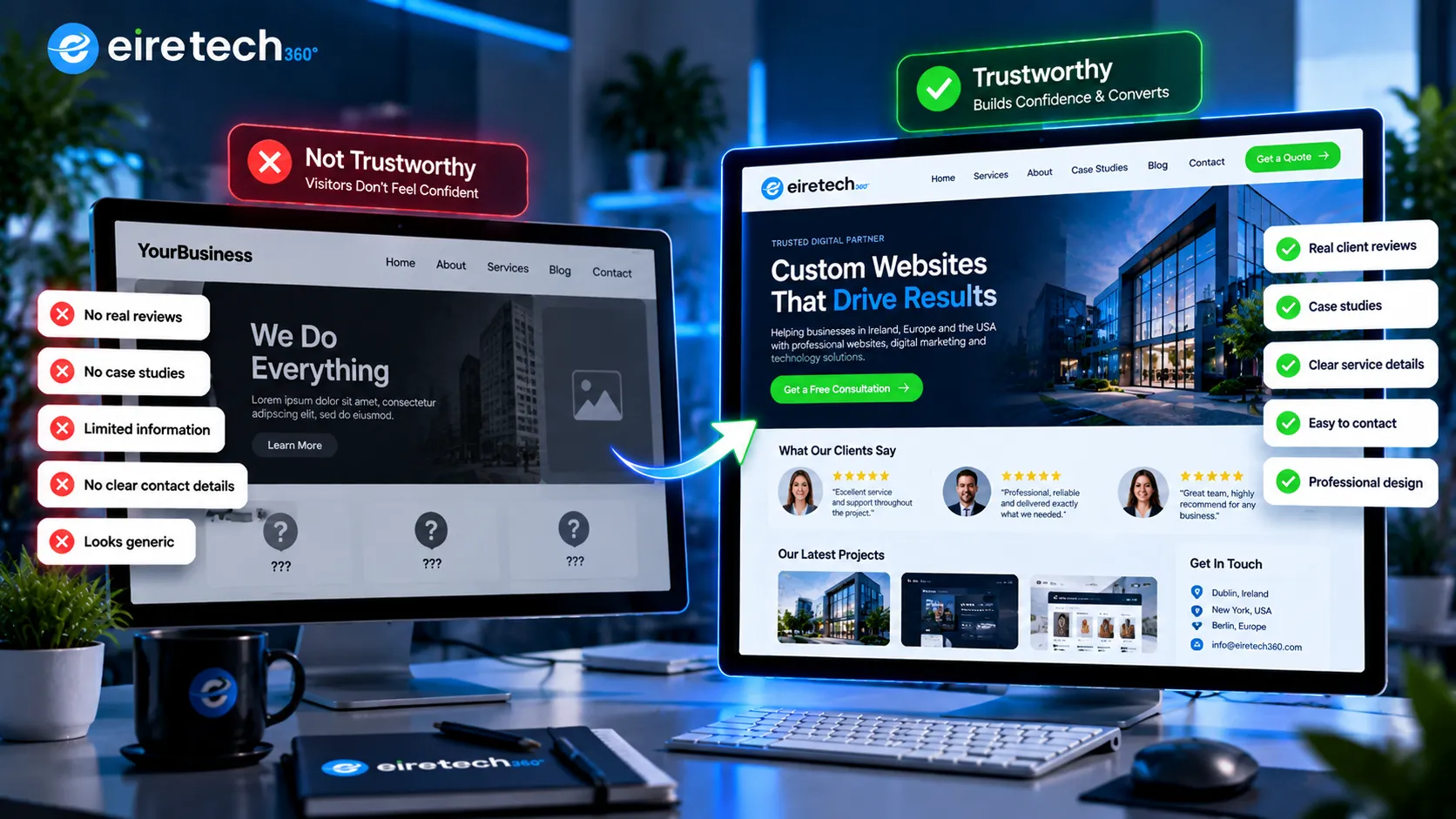 EireTech360 illustration comparing an untrustworthy business website with a professional website displaying customer reviews, project examples, clear service information and accessible contact details.