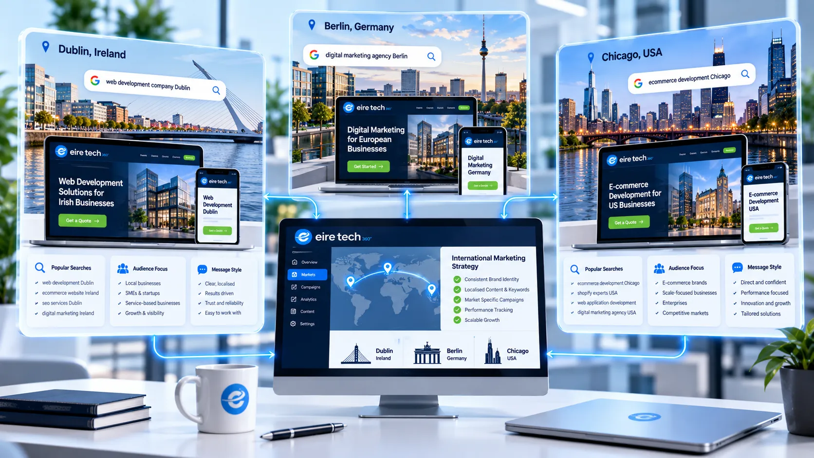 Premium 3D EireTech360 illustration showing how international digital marketing strategies adapt SEO, website content, audience targeting and campaign messaging for Dublin, Berlin and Chicago while maintaining a consistent brand identity.