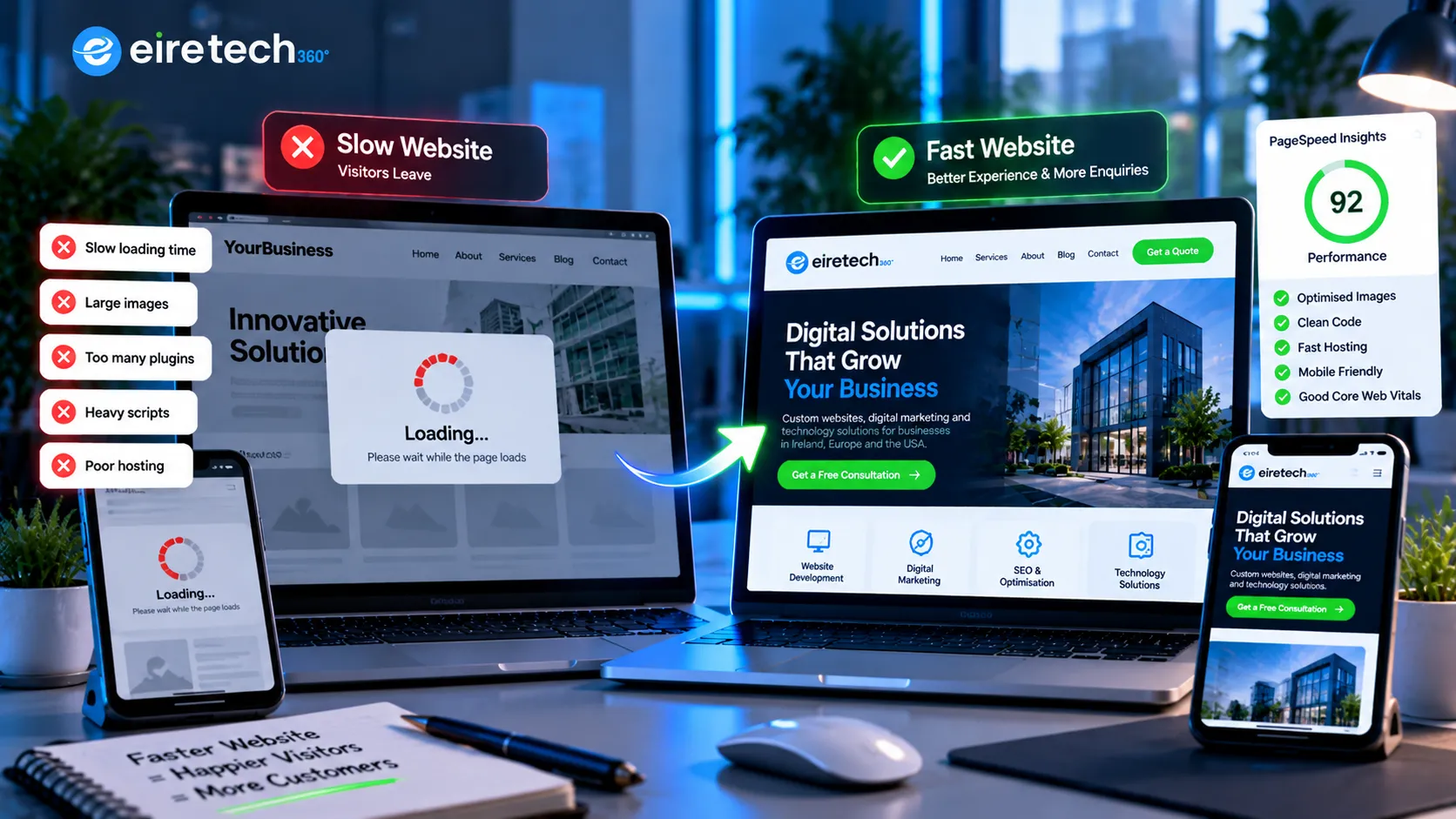 EireTech360 illustration comparing a slow-loading website with an optimised, mobile-friendly website, highlighting faster loading speeds, better user experience and website performance.